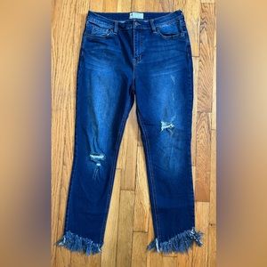 FREE PEOPLE Womens Size 31 Blue Denim Jeans Frayed Hem Factory Distressing